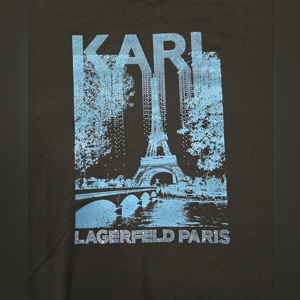 Karl Lagerfeld Paris Black T-Shirt with Blue Graphic Medium & Large NEW - Picture 12 of 15